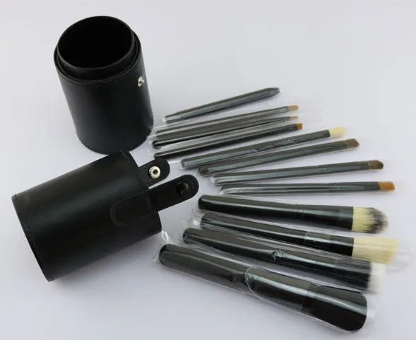 12-piece makeup brush set in PU cylinder tube with wool horse hair fibre heads, wooden handles, black and pink options