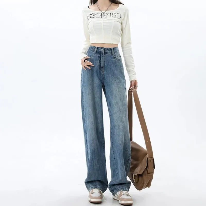 Retro blue women's wide leg jeans with high waist design on hanger