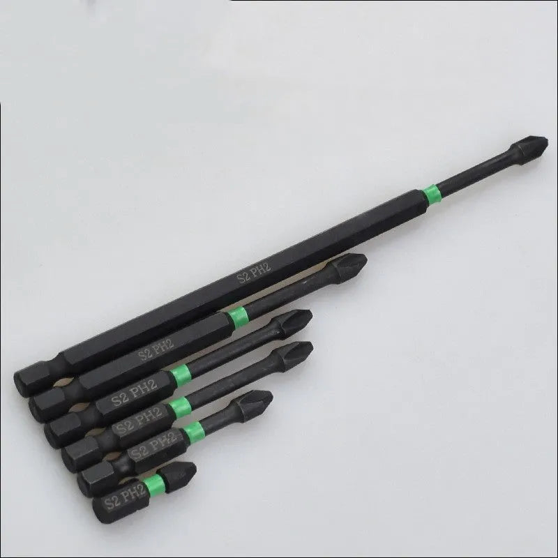 Six cross batch head screwdriver bits made from S2 alloy steel, each 50mm long with a magnetic tip, arranged on a plain background.