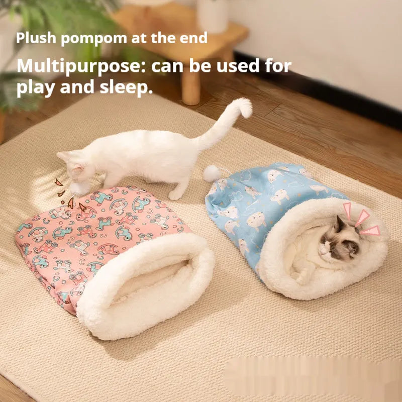 Flannel cat sleeping bag bed measuring 50 by 40 cm in a blue rabbit pattern