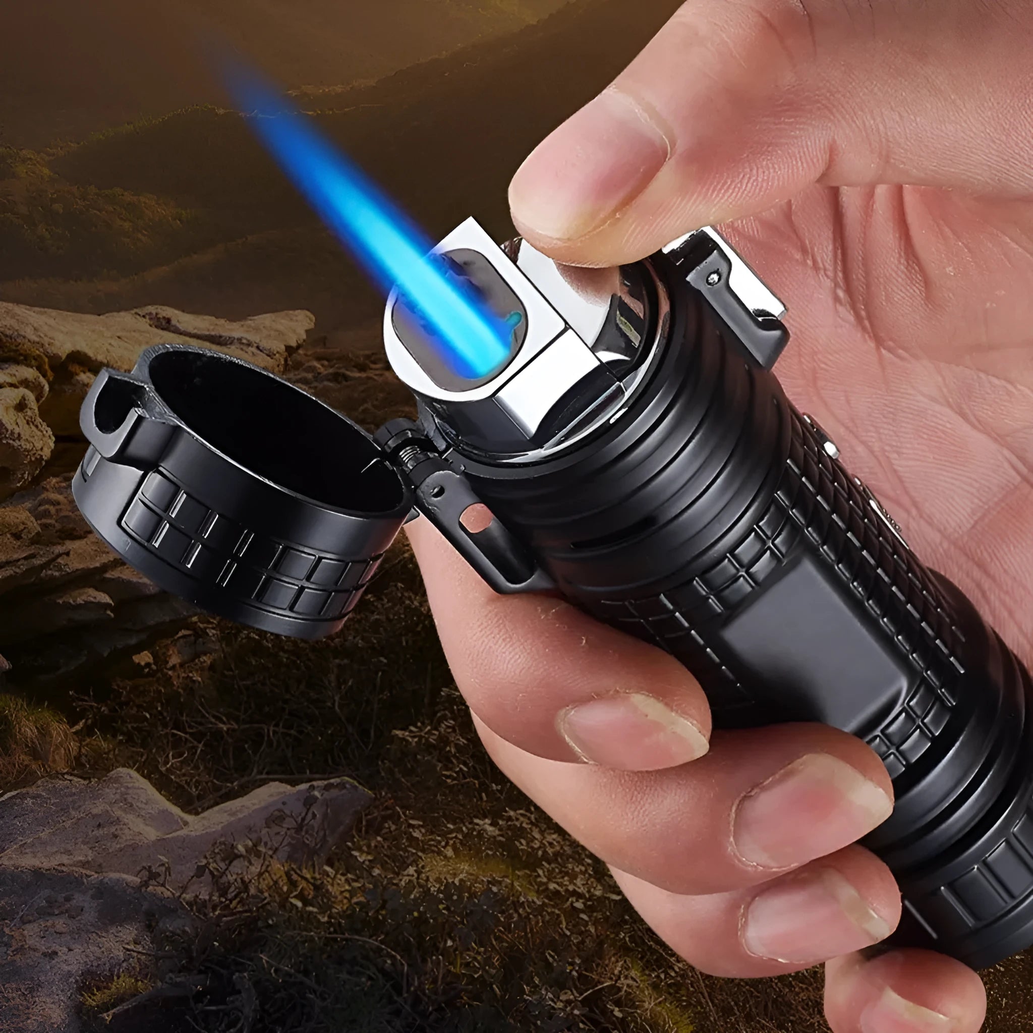 TH727 multi-function metal flashlight lighter in camouflage, red, black, blue, and yellow colours
