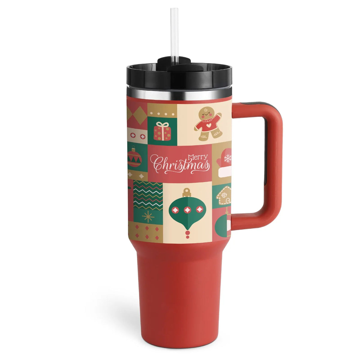 40 oz insulated stainless steel tumbler with handle straw and spill proof lid in a tapered design for car or gym use