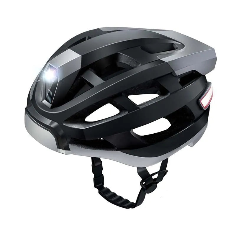 Black and grey smart cycling helmet with integrated warning light system and USB charging port