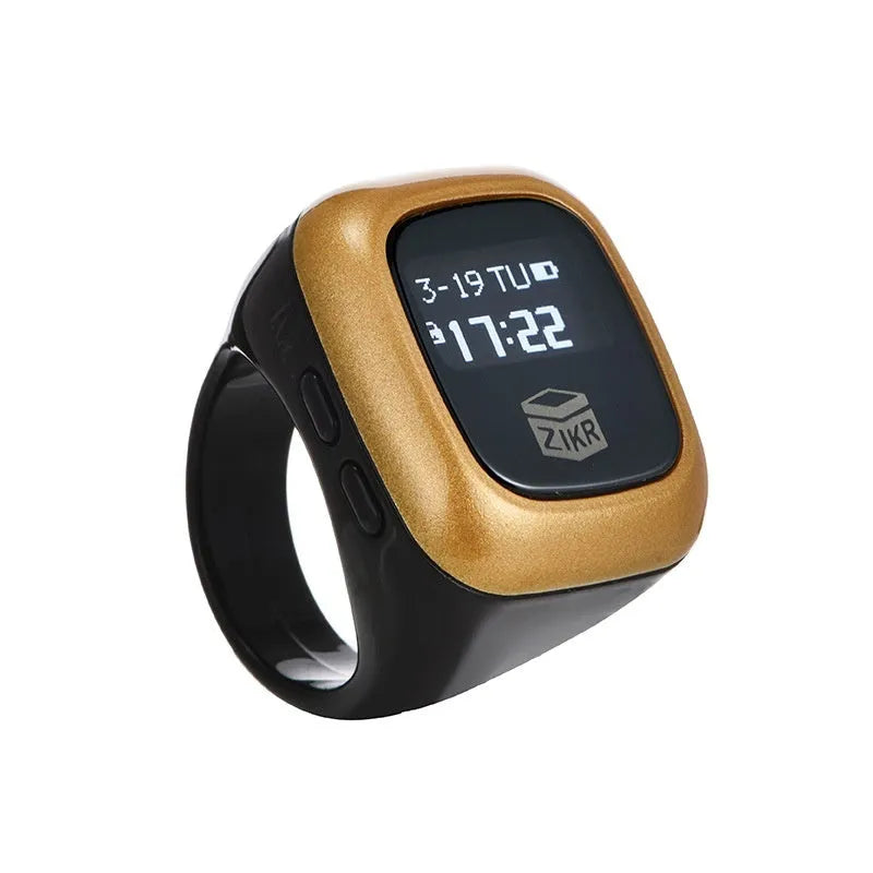 Al-Fatiha electronic zikr counter with digital display on a wrist, shown in rose gold colour with a 20mm band.
