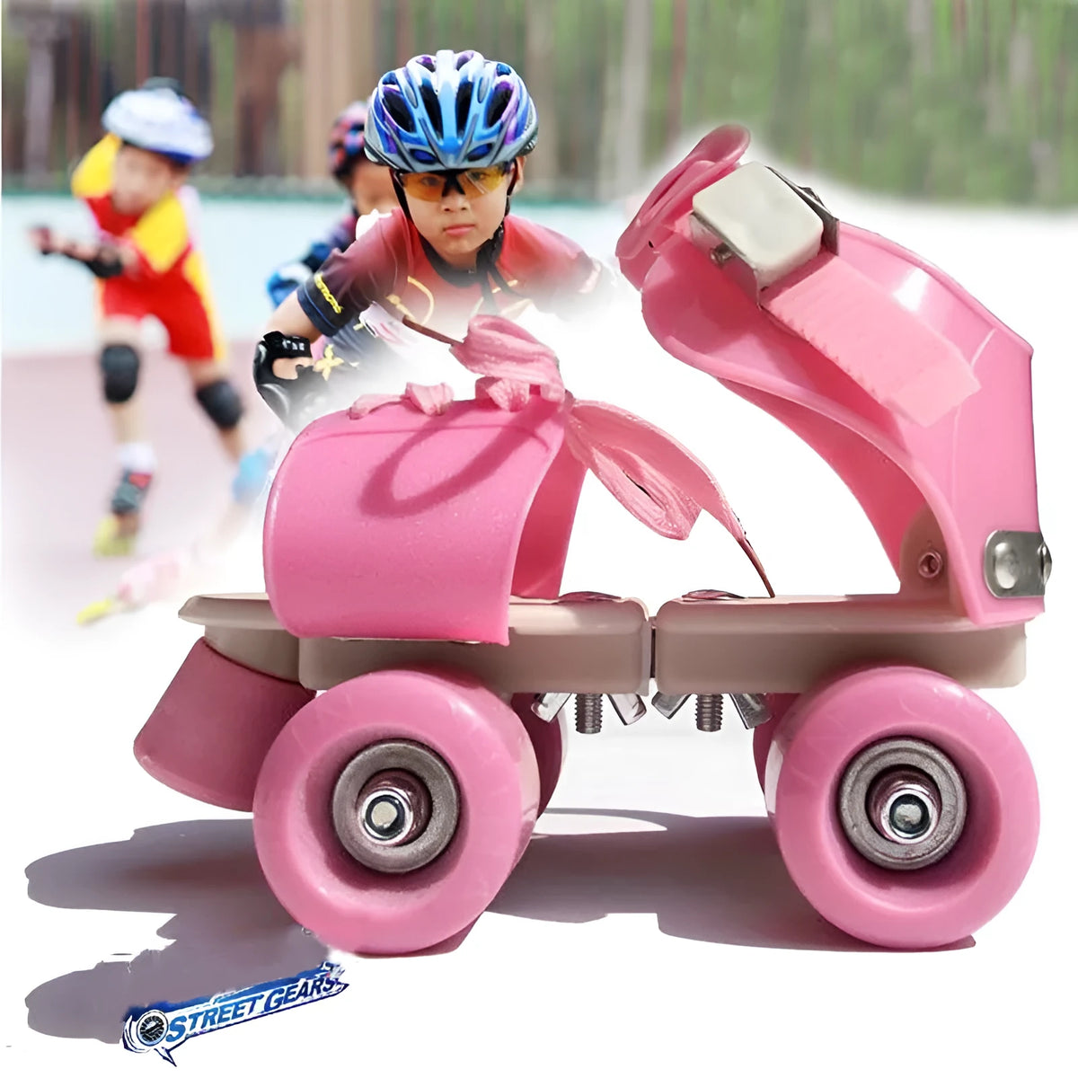 Double row skates in blue, green, or pink with ABS engineering plastic body, adjustable 27-36 yard sizing, and PUU wheels