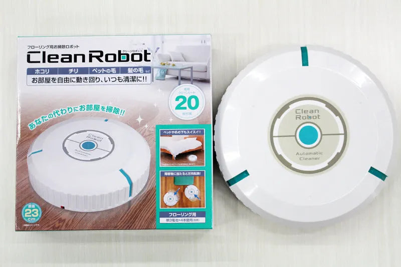 Black or white AC automatic sweeping robot on a hardwood floor next to a dust bin.