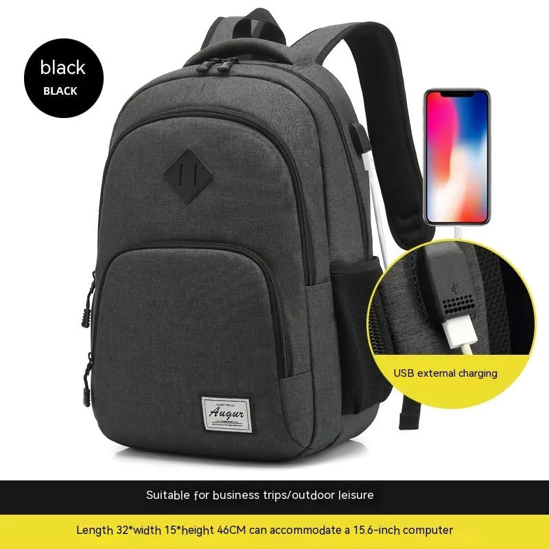 Grey and black USB charging backpack with trolley sleeve, shown with dimensions 32cm by 15cm by 46cm.
