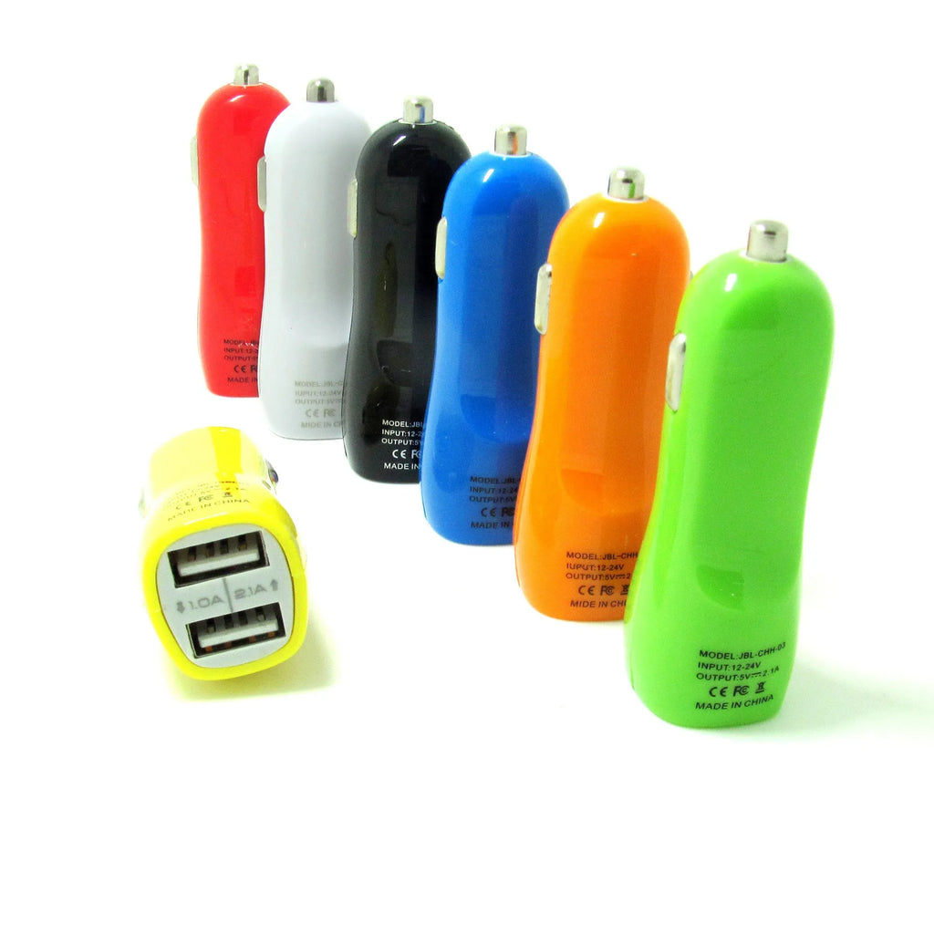 Dual USB car charger with blue LED indicator light in duckbill design