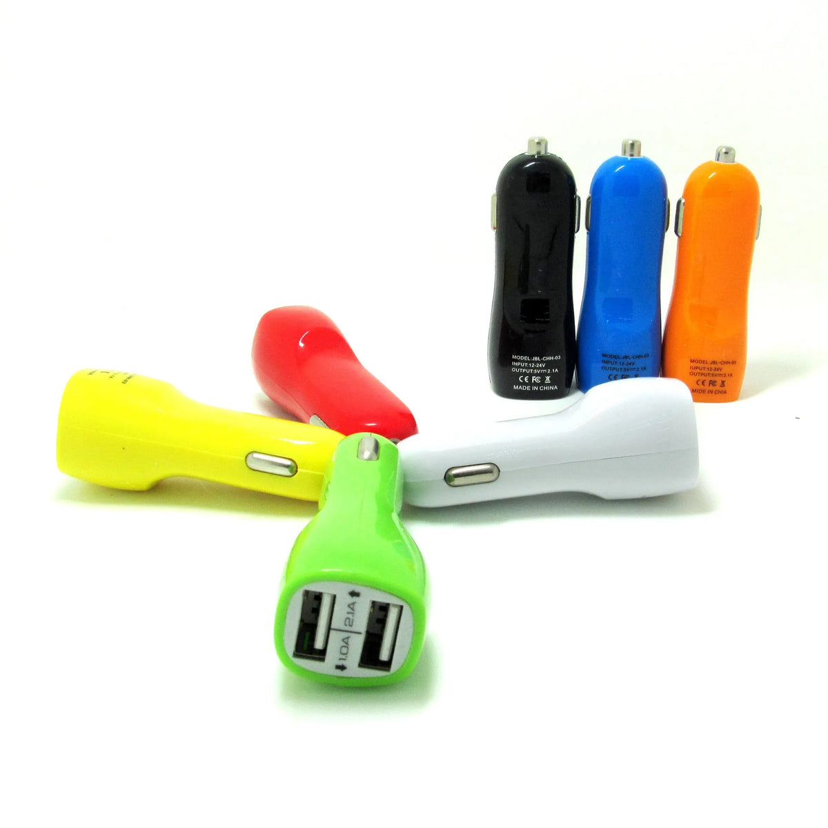Dual USB car charger with blue LED indicator light in duckbill design