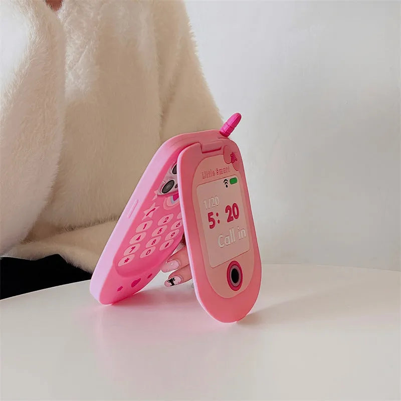 Light pink silicone flip phone case with mirror for iPhone protection