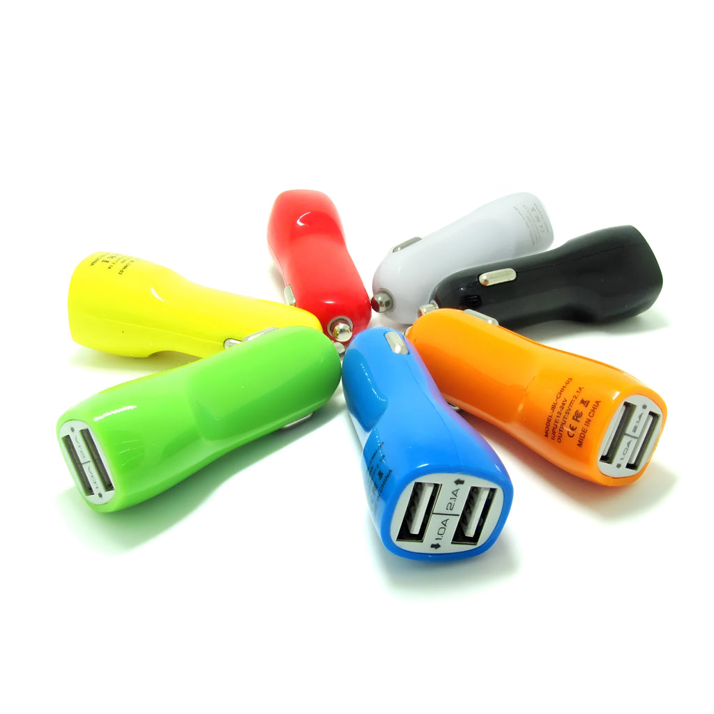 Dual USB car charger with blue LED indicator light in duckbill design