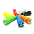 Dual USB car charger with blue LED indicator light in duckbill design