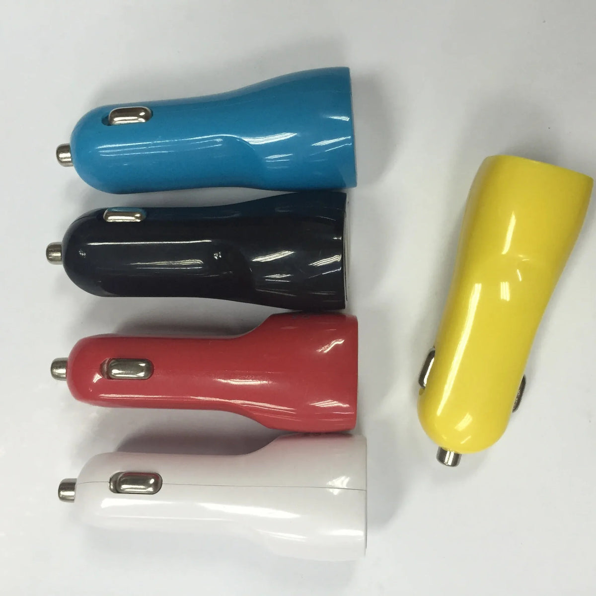 Dual USB car charger with blue LED indicator light in duckbill design