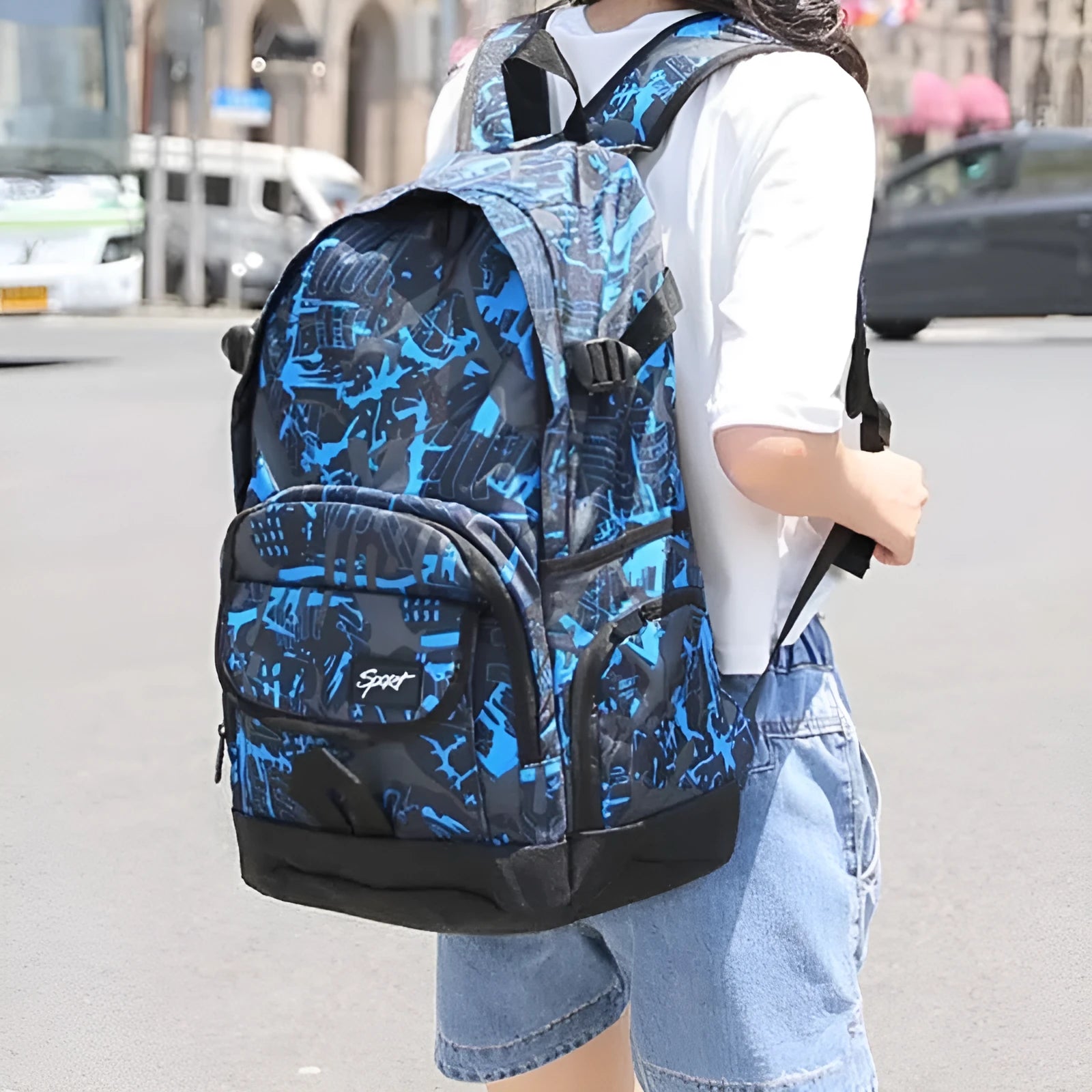Classic blue nylon backpack with large capacity and multiple compartments
