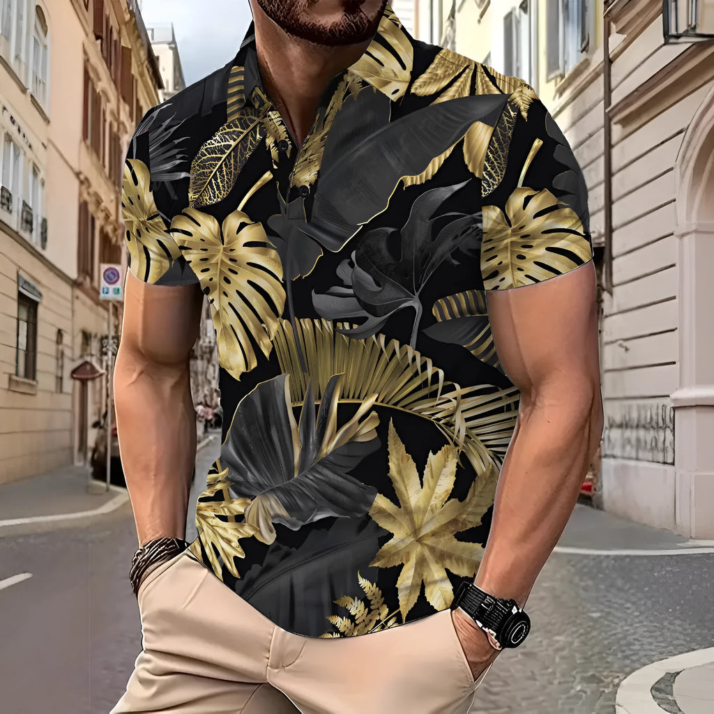 Men's gold tropical plant pattern printed short sleeve polyester shirt for summer wear