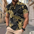 Men's gold tropical plant pattern printed short sleeve polyester shirt for summer wear