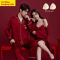 Red ice silk wedding dowry loungewear set for men and women with long sleeves and trousers