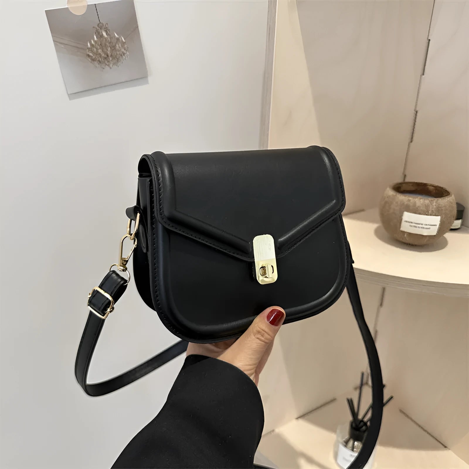 Soft PU leather shoulder messenger bag with clamshell opening in khaki colour, shown from the front.