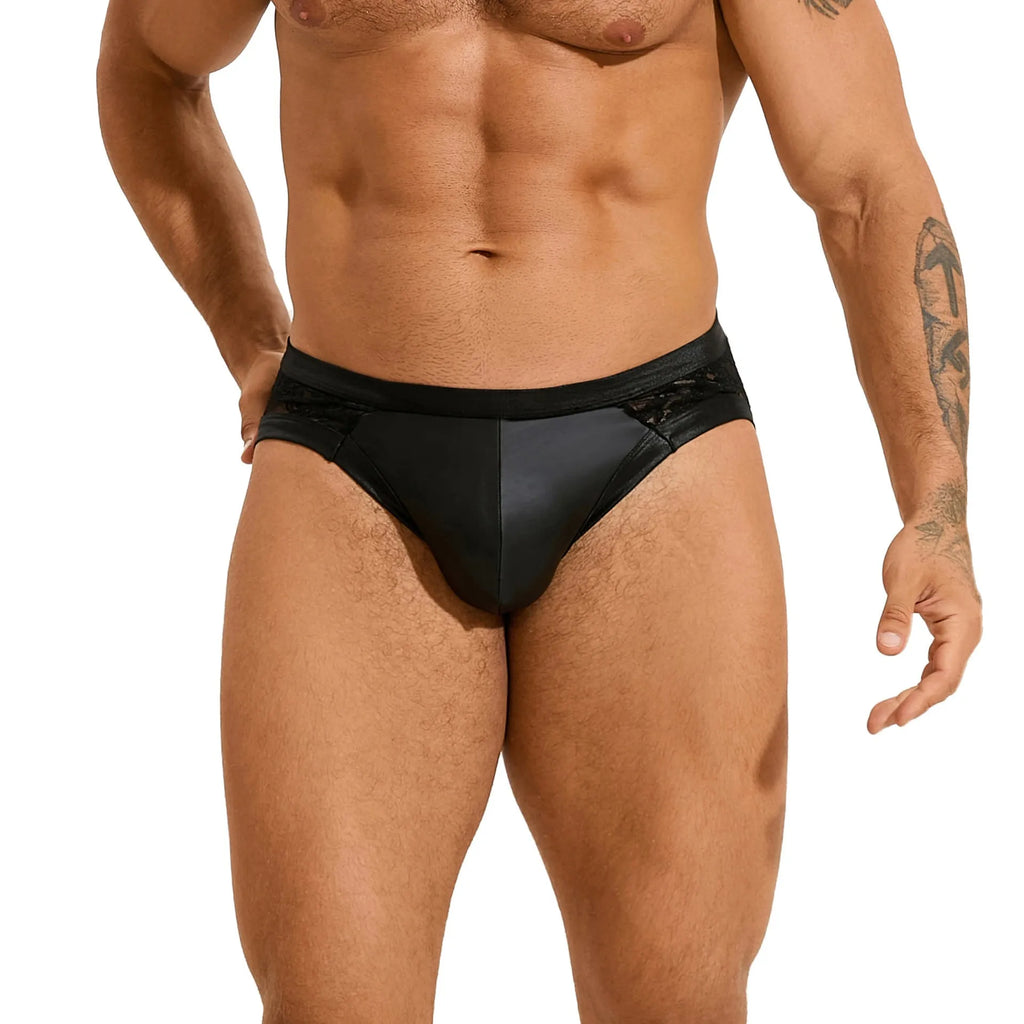 Black men's briefs with faux leather, polyester fabric, stitching and lace detail, sizes M to 3XL