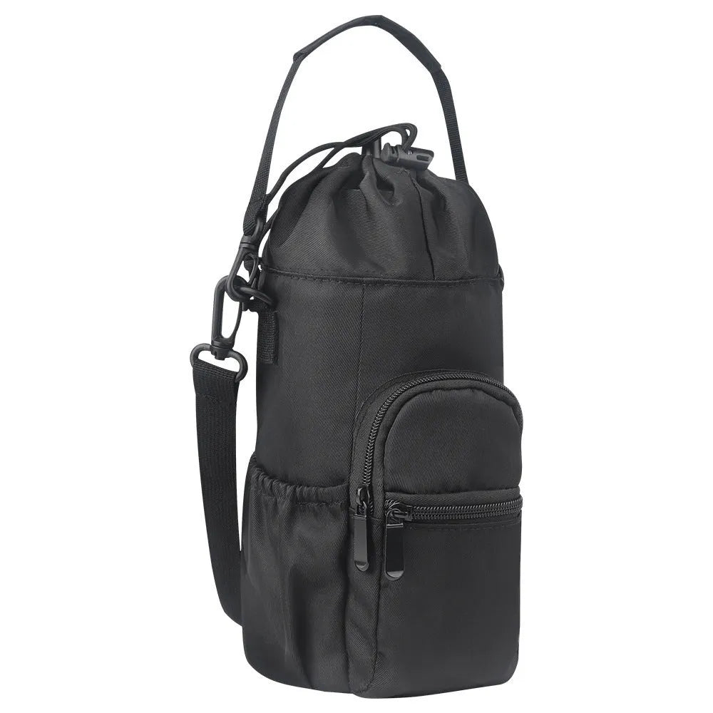 Cloth water bottle shoulder bag crossbody pouch in black, green, or pink.