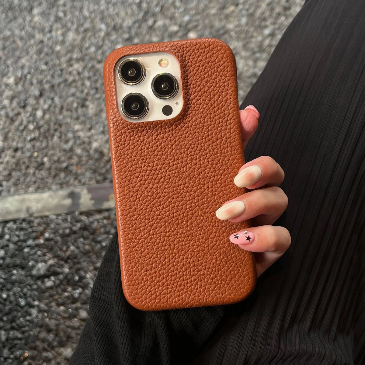Leather iPhone case in solid caramel colour with fall protection, ins style, compatible with Apple iPhone models