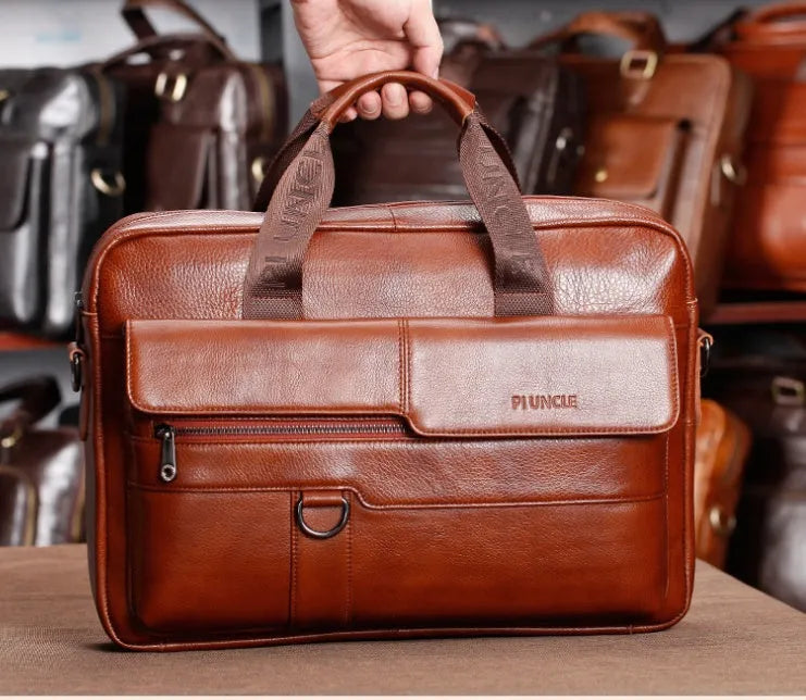 14 inch black leather men's briefcase in top layer cowhide with single shoulder strap and multiple interior pockets