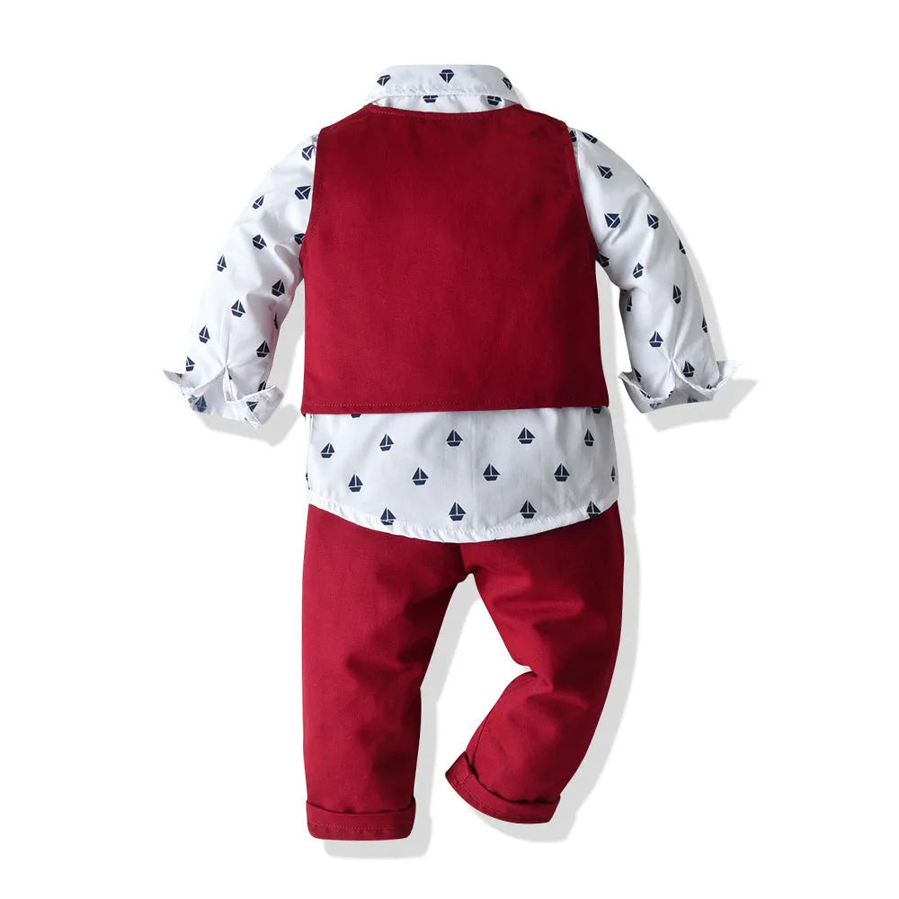 Boys red cotton three-piece suit set with long-sleeved shirt, single-breasted vest, and pants