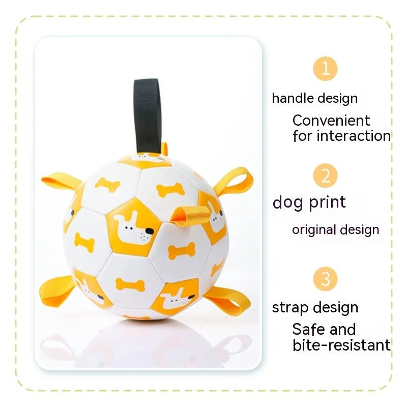 Interactive PU dog football with nylon edge and strap, available in 15cm and 19cm sizes for training play