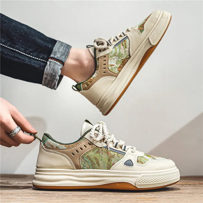 Men's beige and green canvas flat casual shoes with round toe.