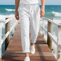 Men's linen casual pants in straight-leg style with drawstring waist in various colours