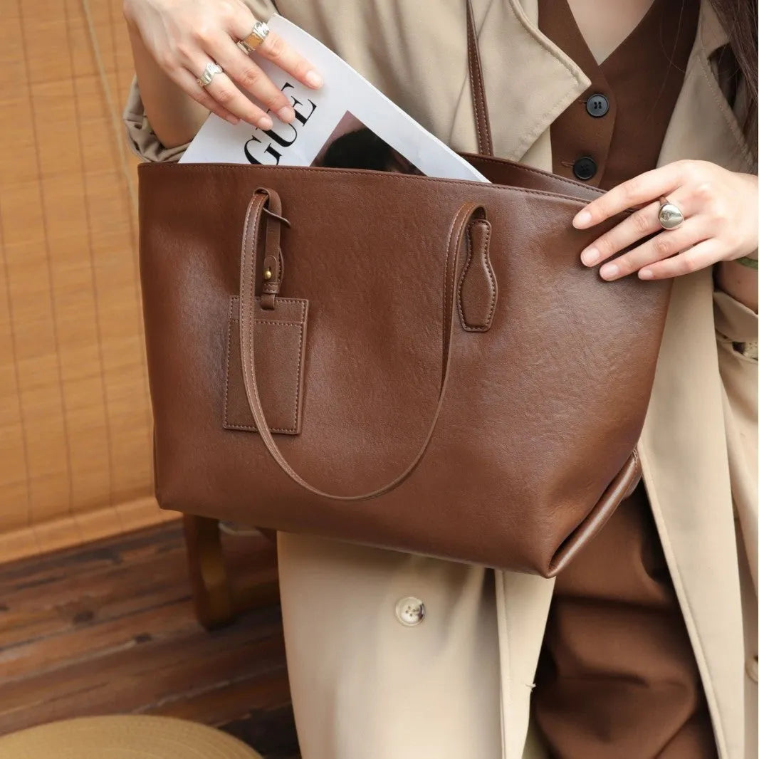 Cortex women's large-capacity zippered handbag in genuine leather, horizontal square shape with splicing detail, 35x17x30cm