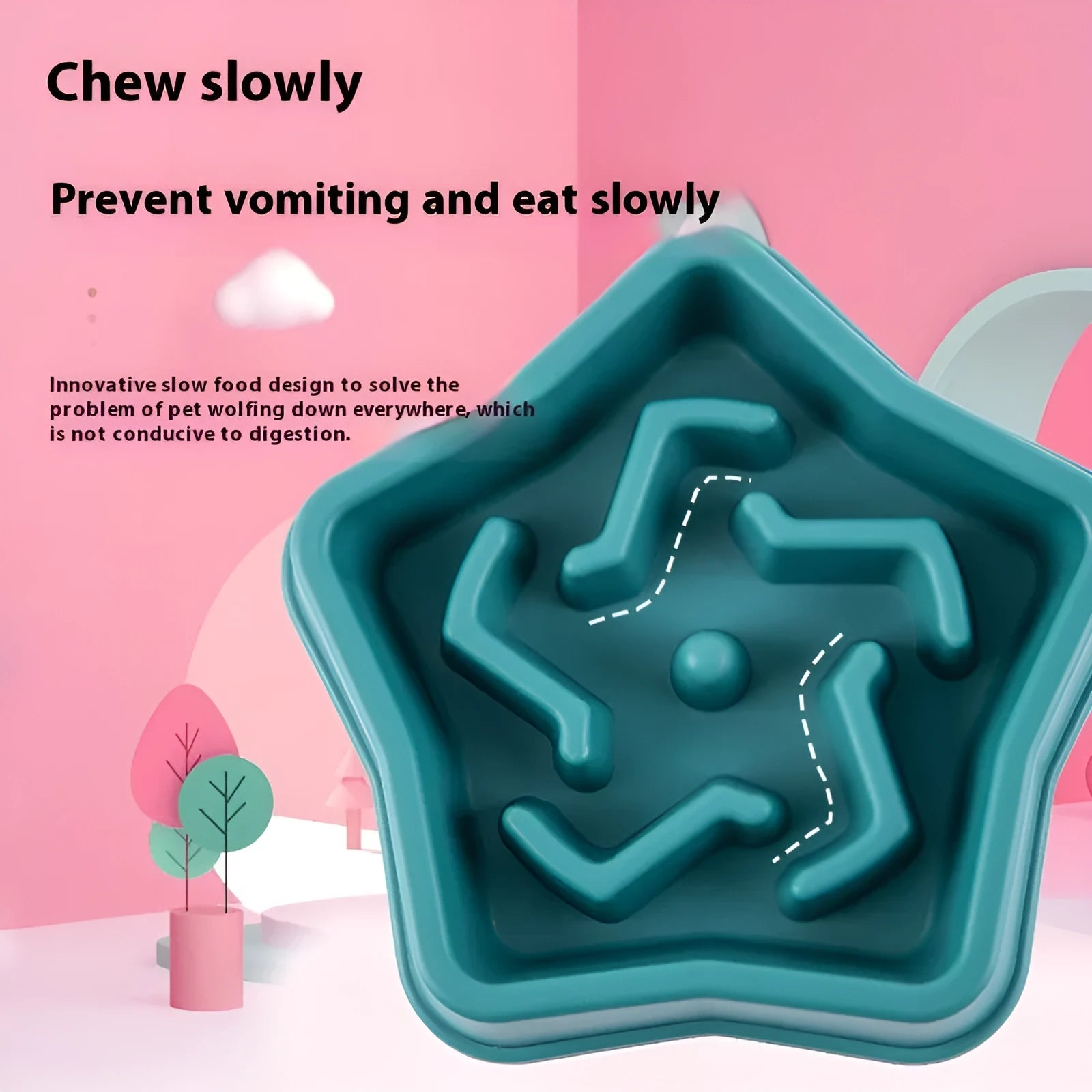 Yellow plastic slow feed dog bowl with textured base to prevent choking, 20.1cm diameter.