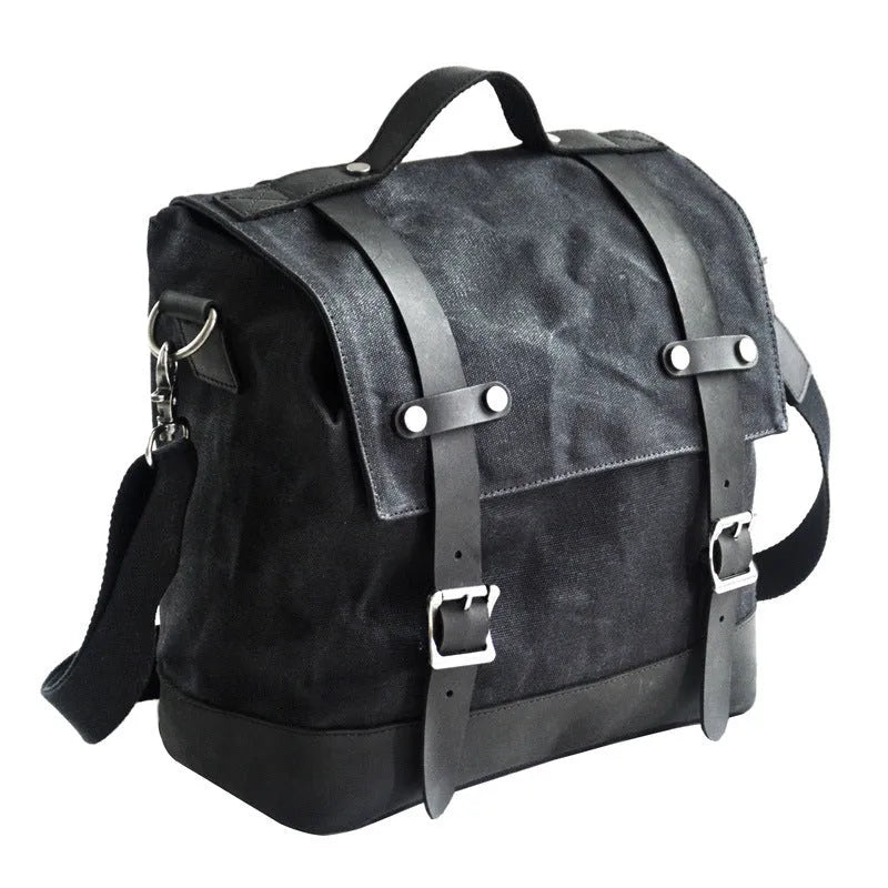 Waterproof canvas motorcycle side bag with cowhide details in black colour