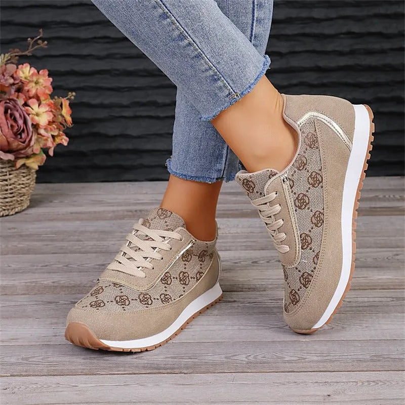 Flower print lace-up sneakers in camel with round toe and rubber sole