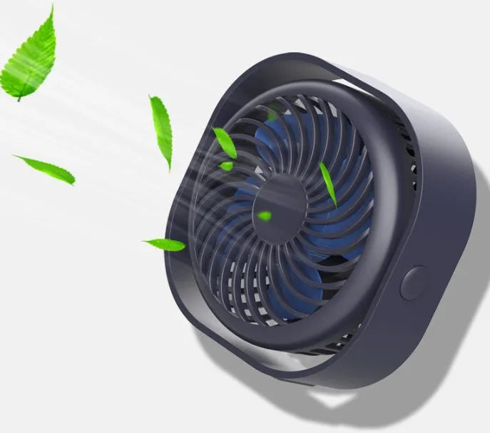 USB charging desk fan with alarm clock in blue colour on a desk