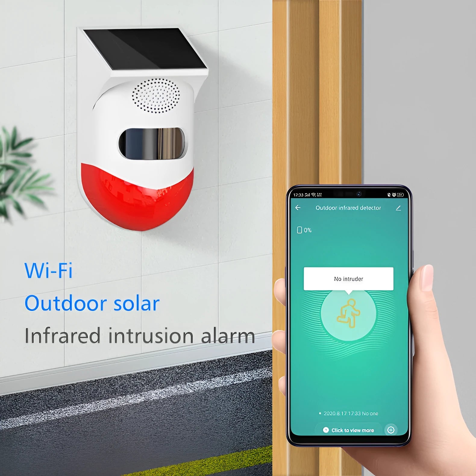Outdoor solar-powered infrared security alarm with GSM module for wireless property monitoring.