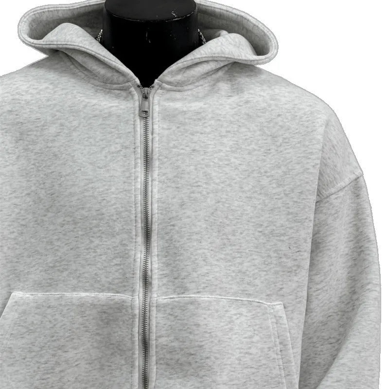 Back schoolbag design men's coat in light gray with hood, polyester cotton fabric, front view