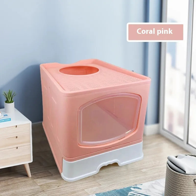 Folding fully enclosed cat litter box 51x41x44cm in ABS PP, available in blue pink or grey