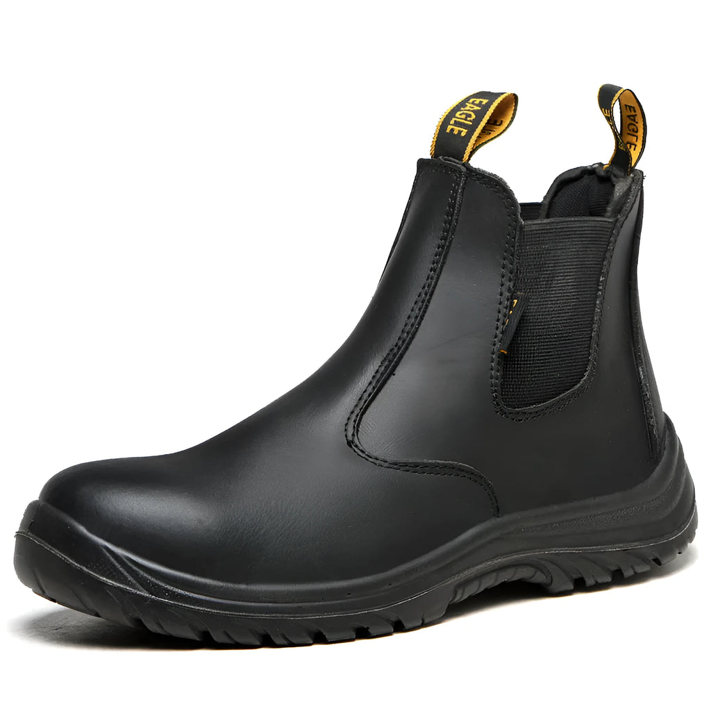 Black leather safety boots with high-top design for anti-piercing protection