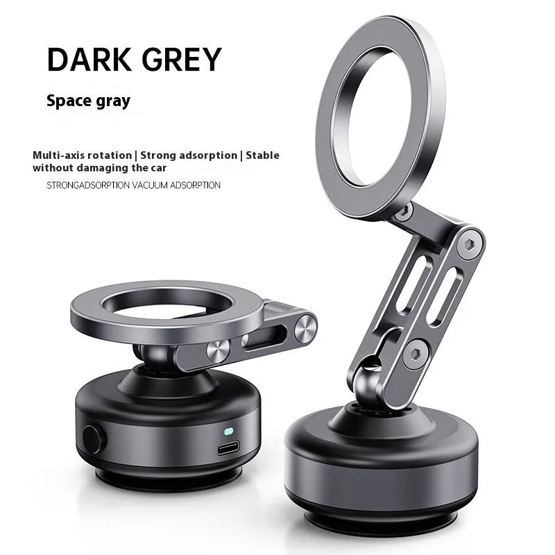 Magnetic car phone holder with vacuum suction cup dashboard mount and 360° rotating adjustment, dark grey.
