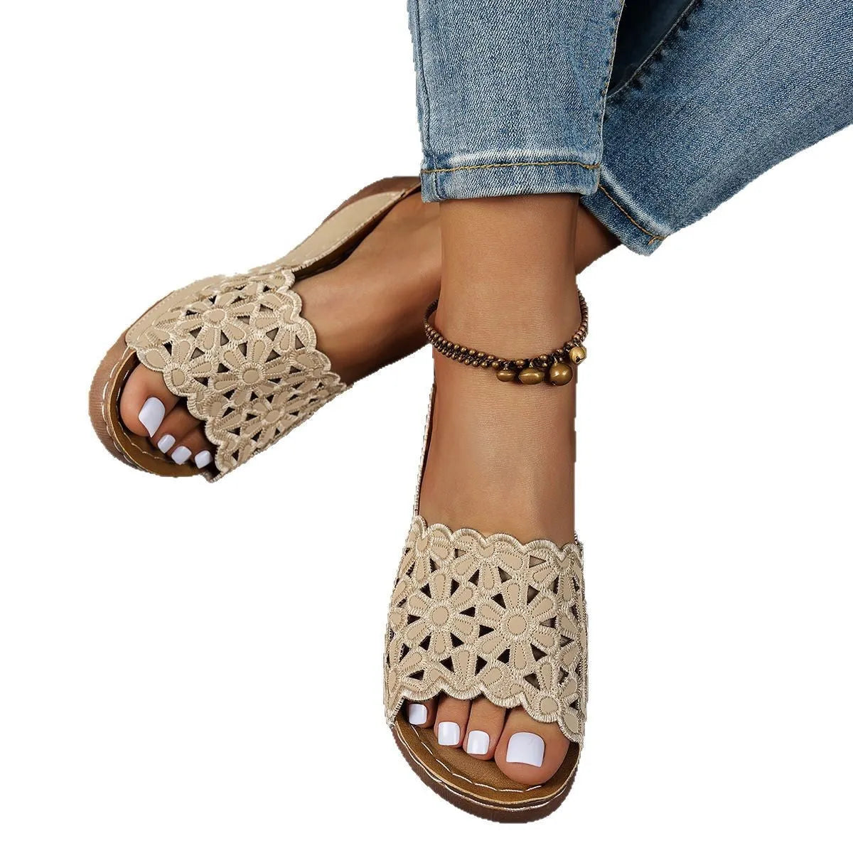 Women's wedge beach slippers with flower cutout design and fish mouth toe in multiple colours