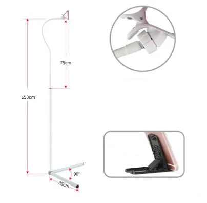 Adjustable bedside mobile phone holder bracket in black or white with universal clamp and folding mount