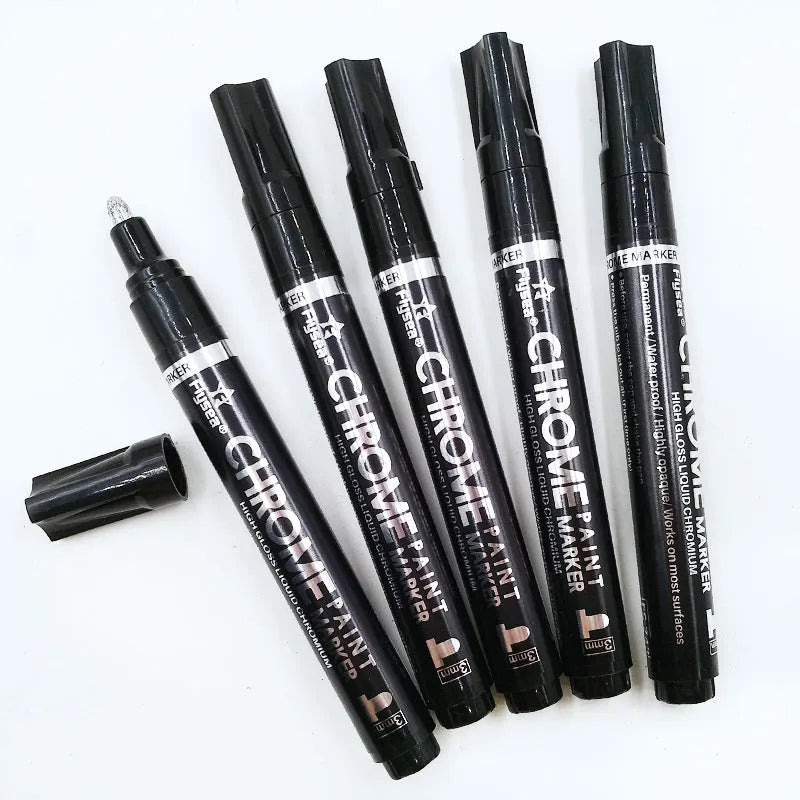 Mirror pen reflective paint marker with chrome-plated finish, 3.0mm writing width, plastic shell and 25g weight