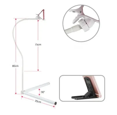 Adjustable bedside mobile phone holder bracket in black or white with universal clamp and folding mount