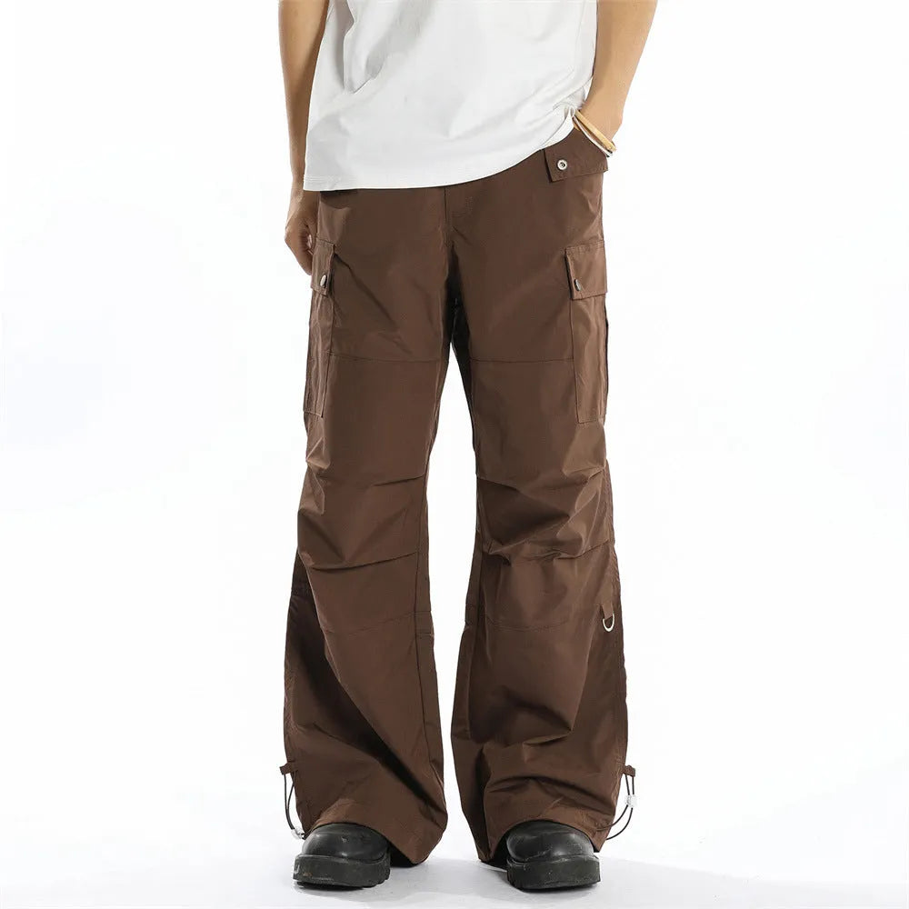 Men's loose cotton street workwear trousers in solid black or brown, sizes S to XL