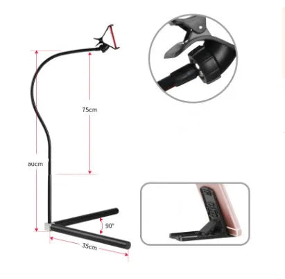 Adjustable bedside mobile phone holder bracket in black or white with universal clamp and folding mount