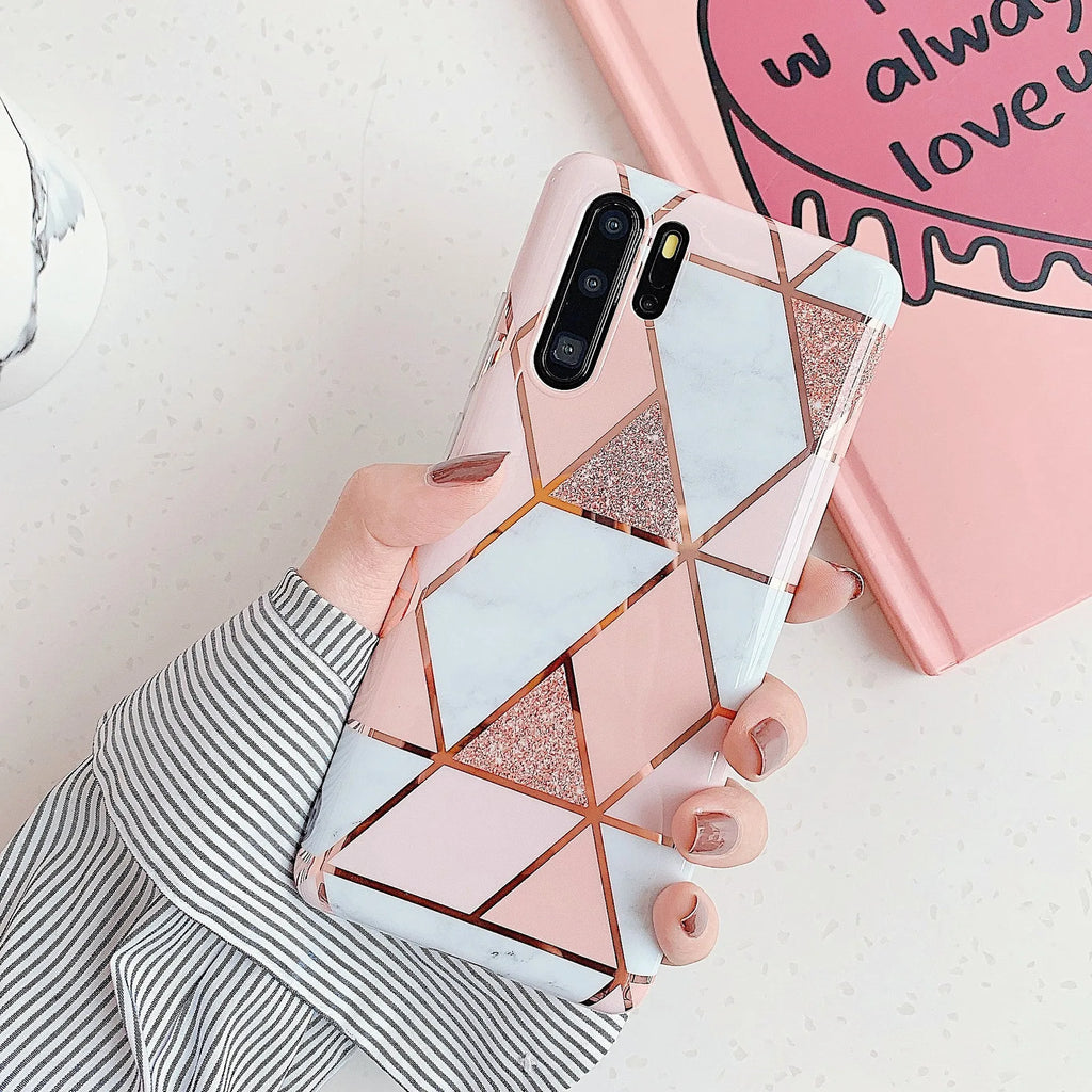 Electroplated marble finish mobile phone case for Huawei and Samsung smartphones in various colours.