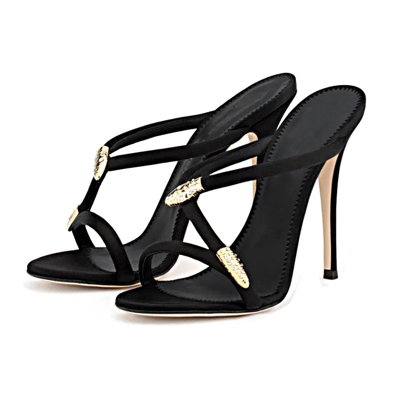 Black stiletto sandals with 9 cm heel, satin upper, microfiber leather insole and non-slip rubber sole