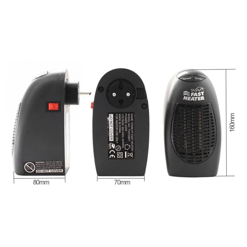 Black compact ceramic electric heater with digital display and rotating three-prong plug on a white background.