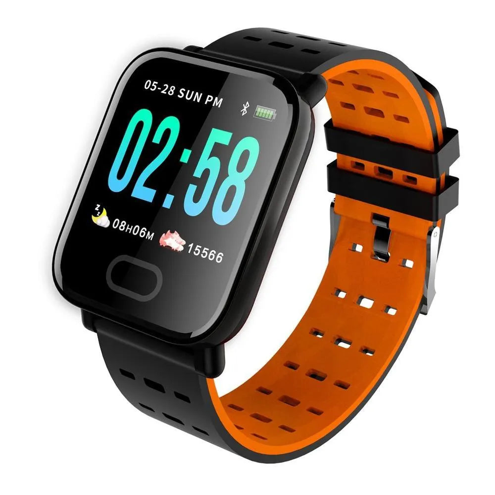 A6 smart bracelet with colour screen and silicone strap in black, blue, or orange options
